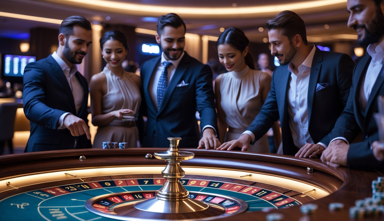 Meja roulette dengan lampu kilat di kasino mewah, dikelilingi oleh pemain yang fokus dan suasana yang aman.