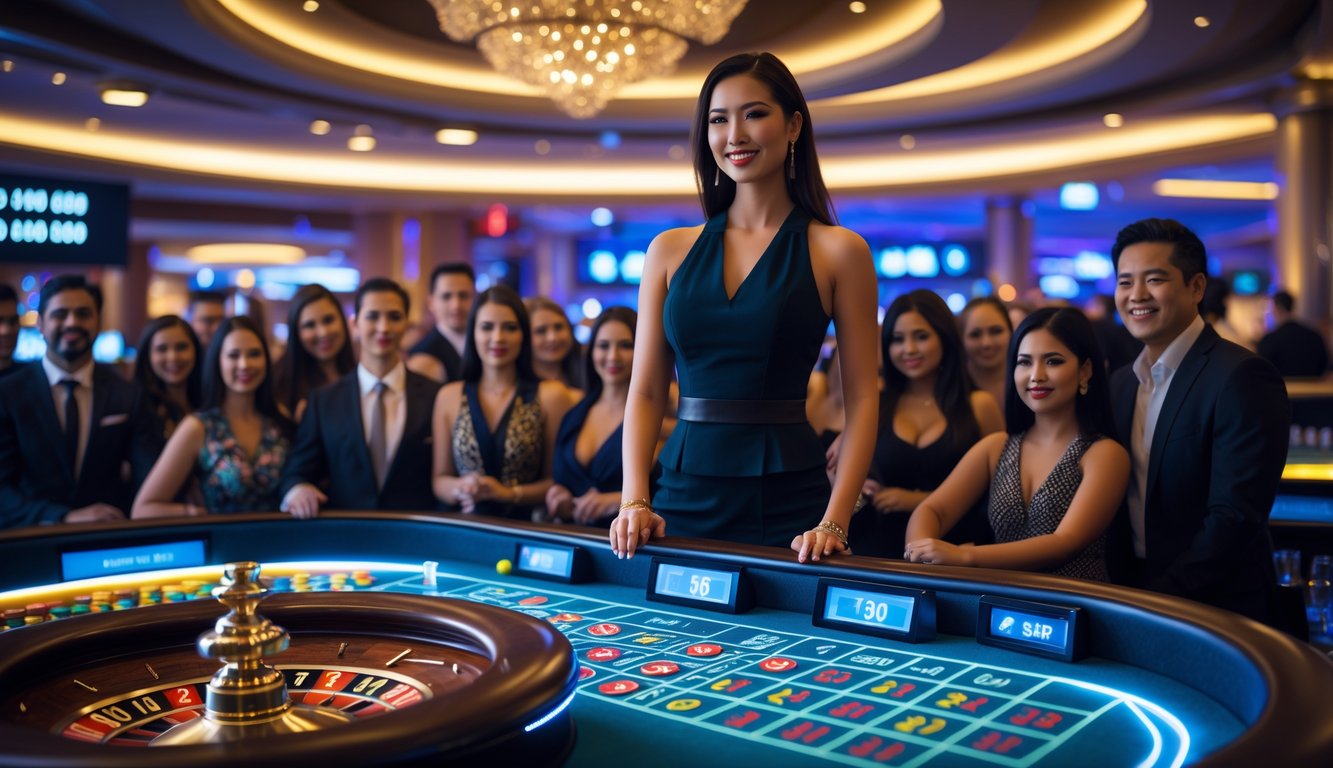 Seorang dealer wanita berdiri di belakang meja roulette dengan efek petir, dikelilingi oleh pemain yang memperhatikan dengan antusias di dalam kasino.