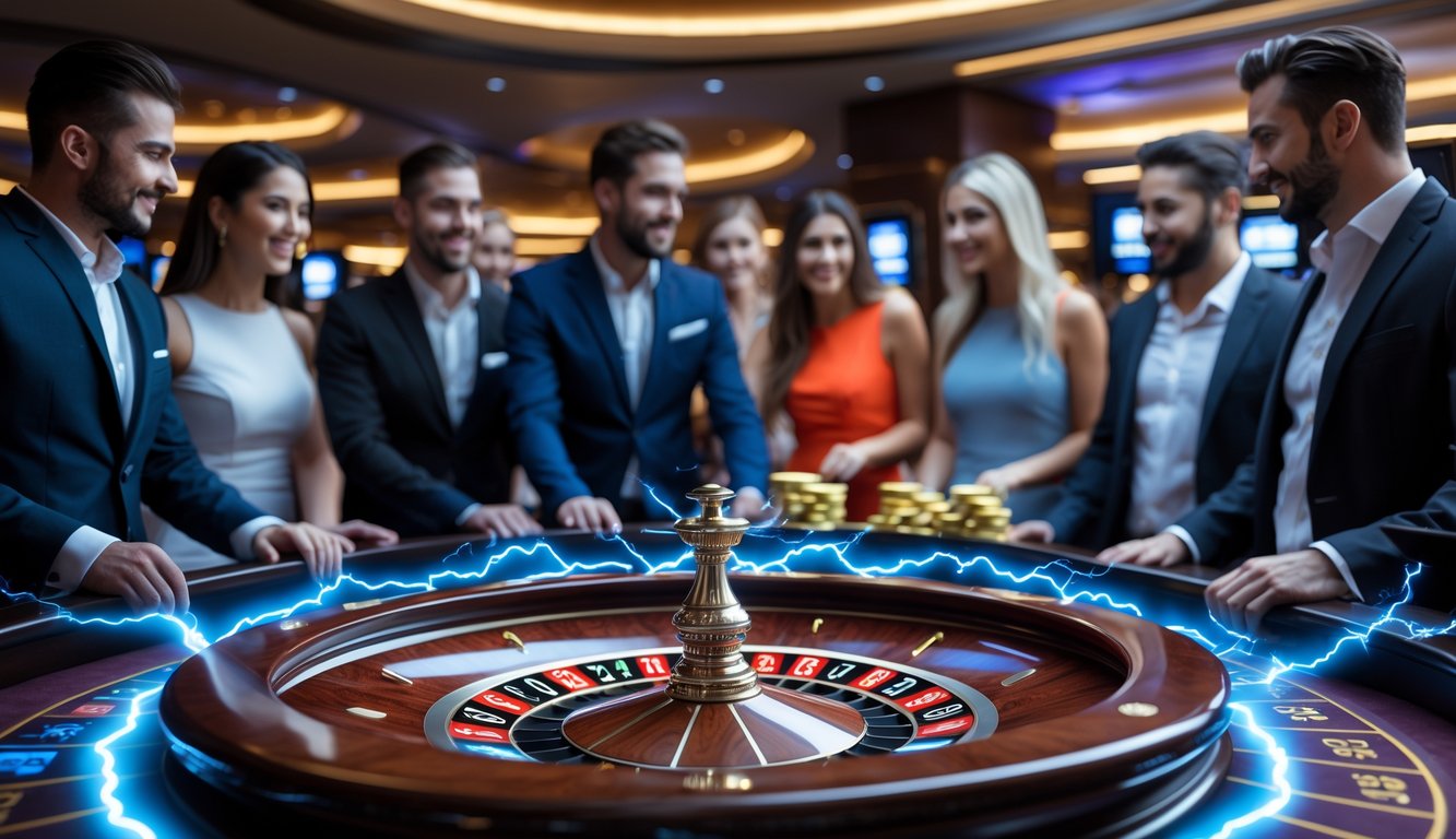 Beberapa orang bermain di meja roulette dengan efek petir di kasino modern yang mewah.