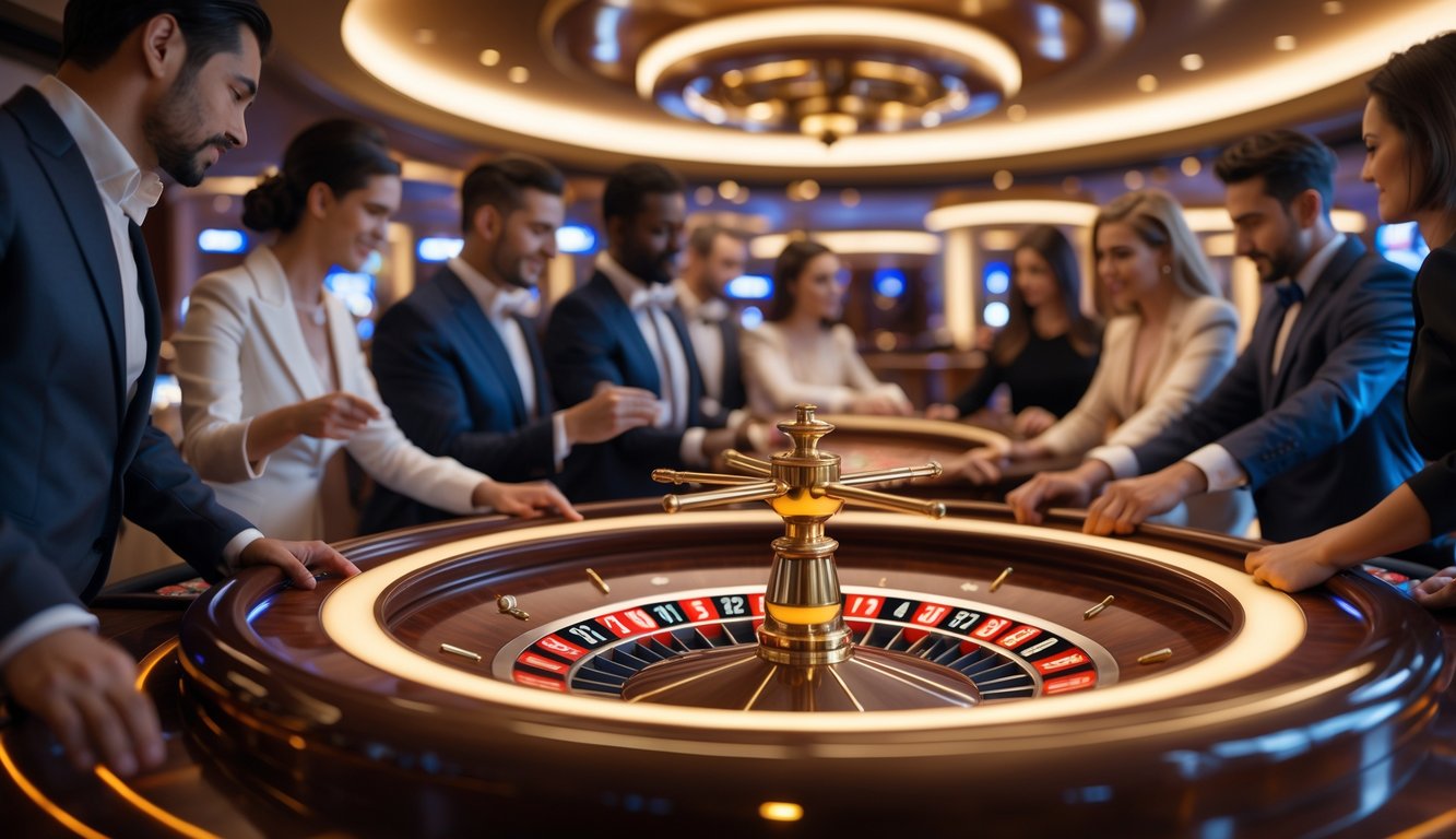 Sebuah meja roulette modern dengan efek cahaya petir di kasino mewah, dikelilingi oleh pemain yang fokus dan antusias.