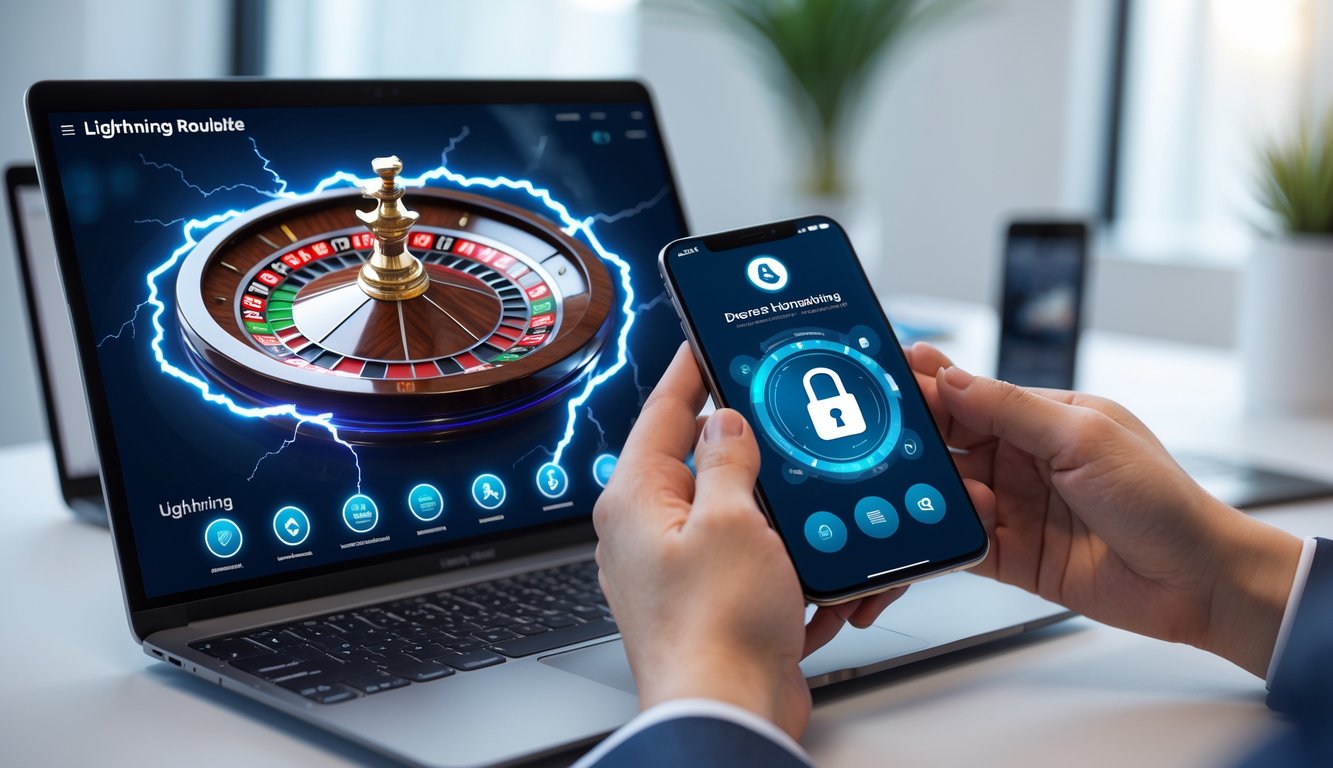 Seseorang menggunakan komputer dan ponsel untuk bermain Lightning Roulette dengan tampilan aplikasi perbankan yang aman di lingkungan yang rapi dan profesional.