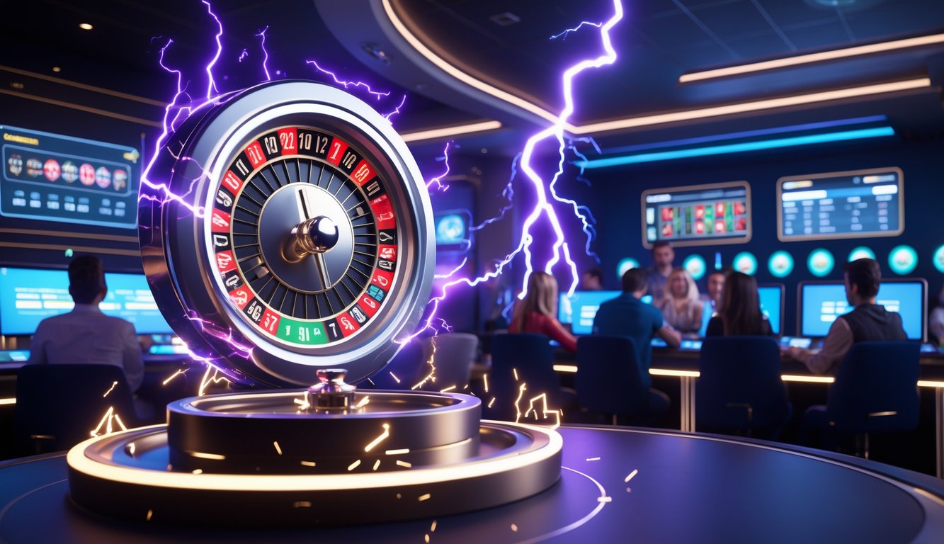 Meja roulette digital dengan efek petir dan beberapa pemain yang menggunakan laptop dan ponsel di latar belakang kasino modern.