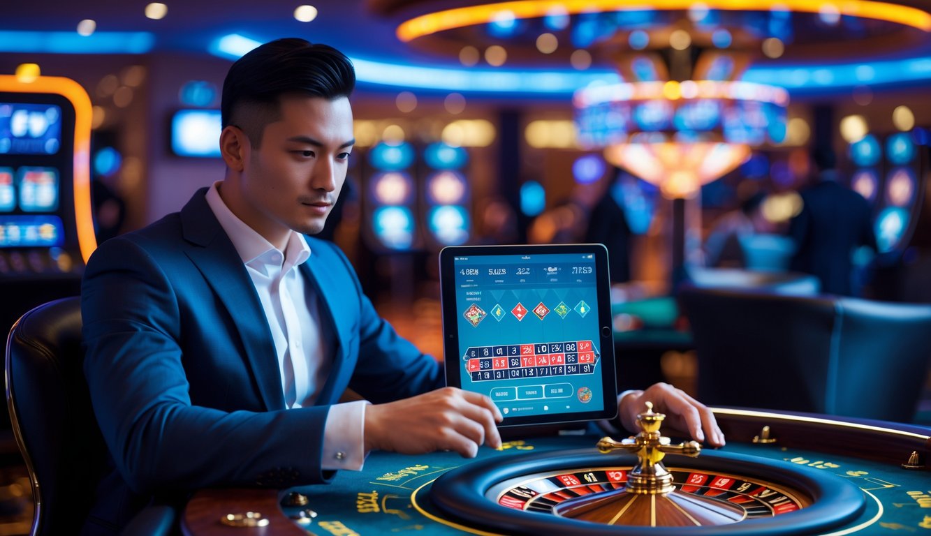 Seorang pemain percaya diri duduk di meja roulette dengan latar belakang kasino yang cerah dan modern.