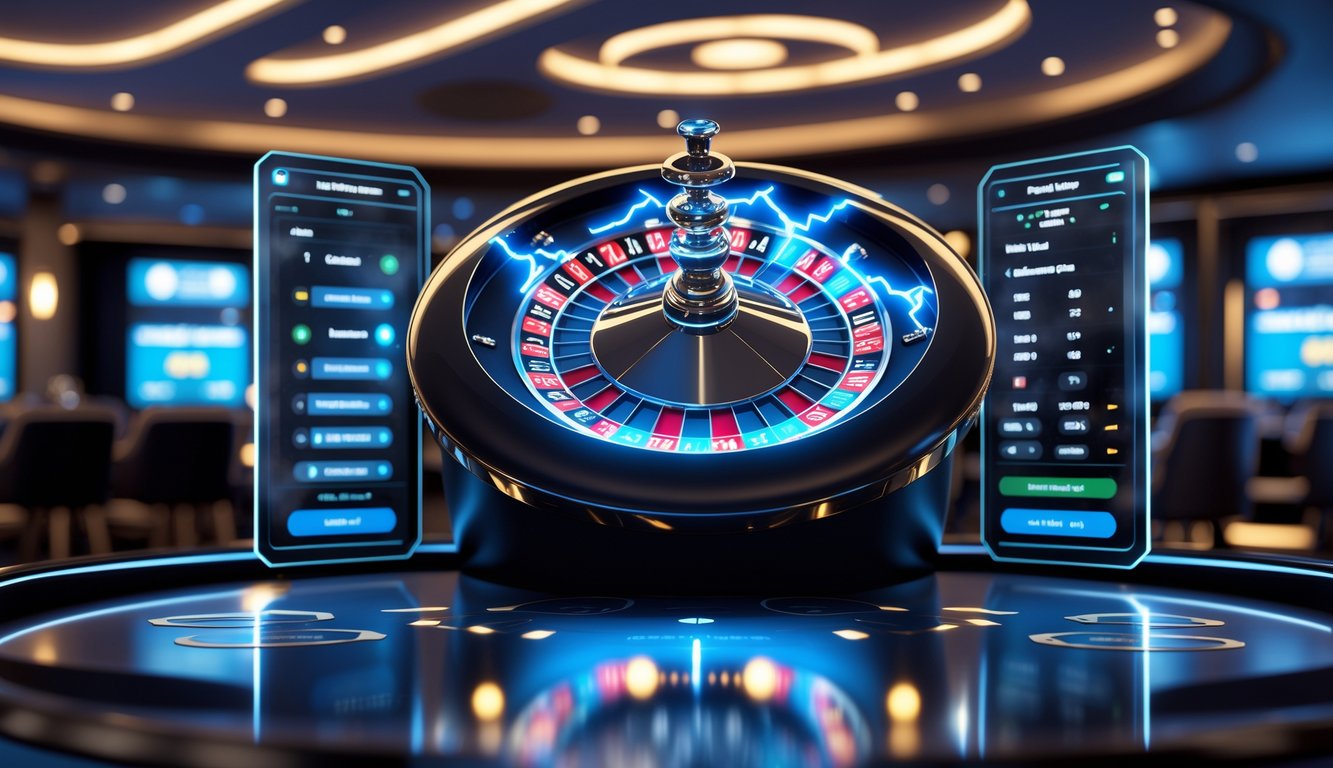 Roda roulette digital dengan efek petir biru dan emas di latar kasino modern tanpa orang.