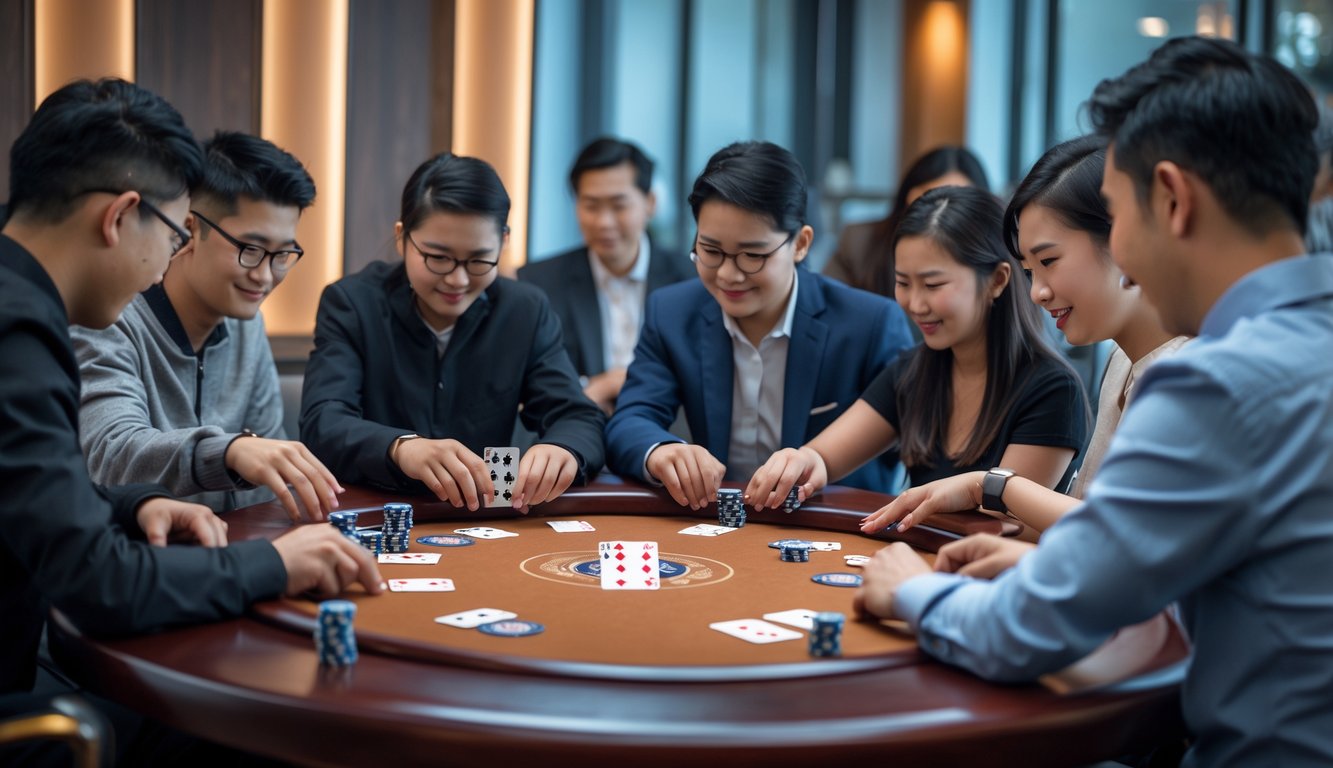 Sekelompok orang sedang bermain Chinese Poker di meja kayu dengan kartu dan chip poker, tampak serius dan menikmati permainan.