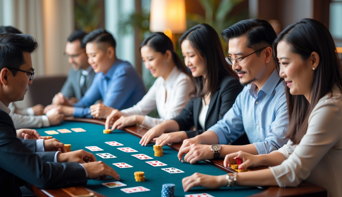 Sekelompok orang dewasa bermain kartu Chinese Poker di meja kayu dengan suasana yang tenang dan fokus.