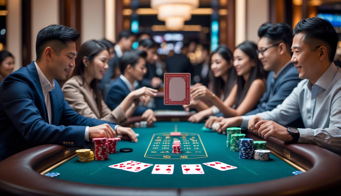 Meja poker dengan kartu dan chip, beberapa pemain sedang bermain poker Cina dalam suasana kasino yang mewah.