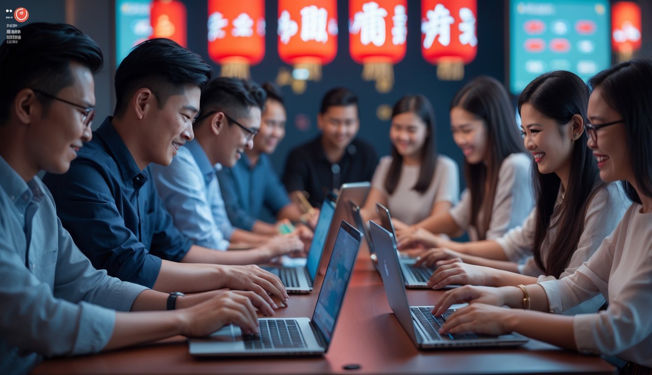 Sejumlah orang Indonesia bermain Chinese Poker secara online menggunakan laptop dan ponsel di ruangan yang nyaman dan modern.