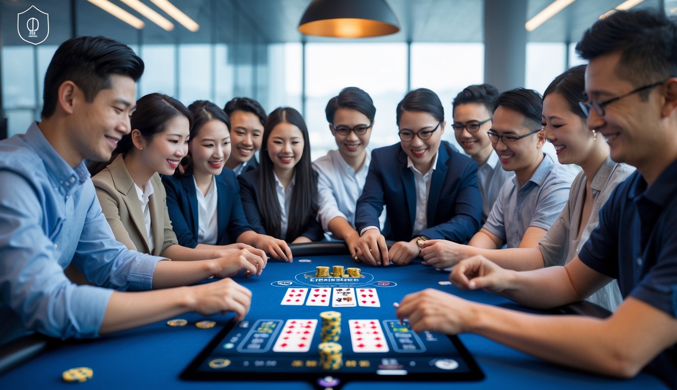 Sekelompok orang bermain poker Cina di meja digital dalam ruangan modern yang aman dan terpercaya.