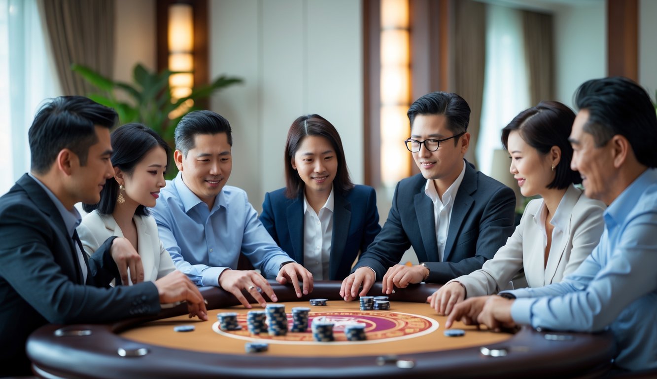 Sekelompok orang dewasa sedang bermain judi Chinese Poker di meja kayu dengan suasana ruangan yang hangat dan terang.