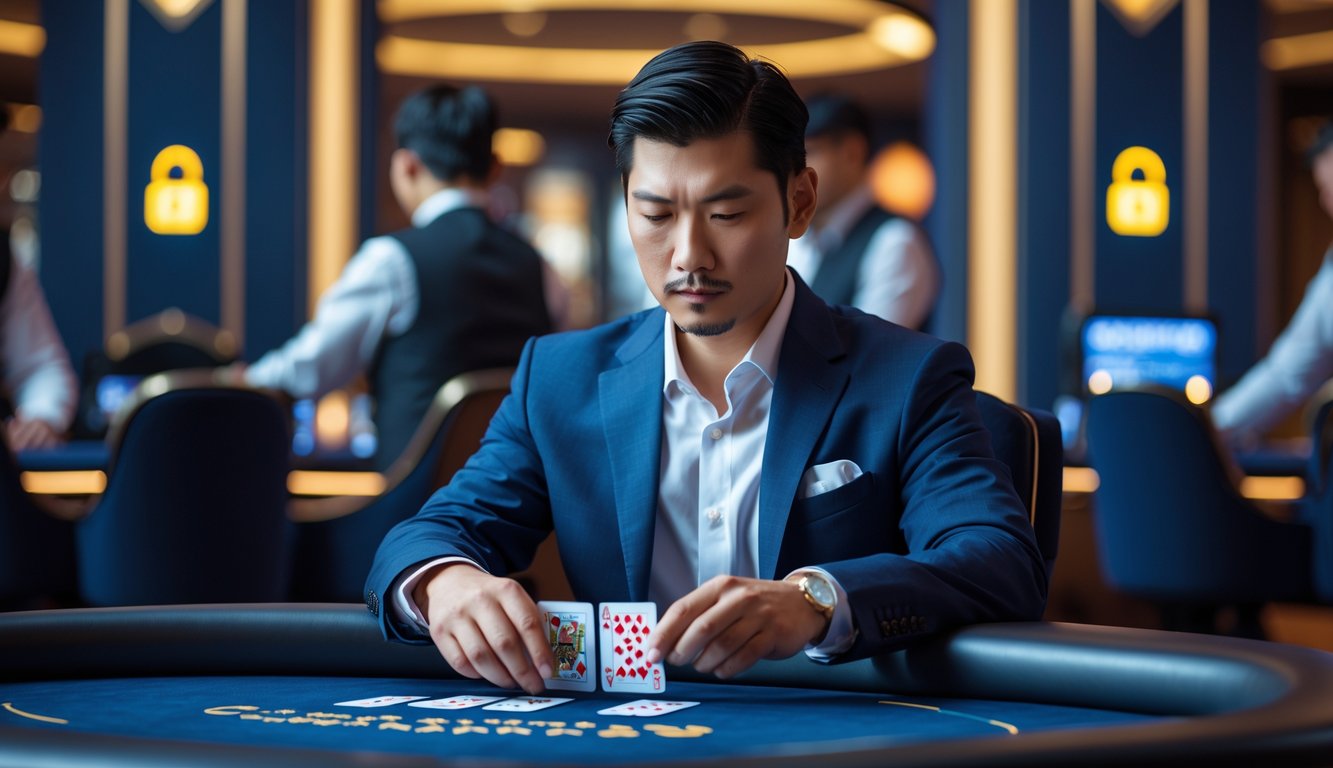 Seorang pria Asia duduk di meja poker modern dengan ekspresi fokus dan hati-hati, di kasino yang terang dan mewah.