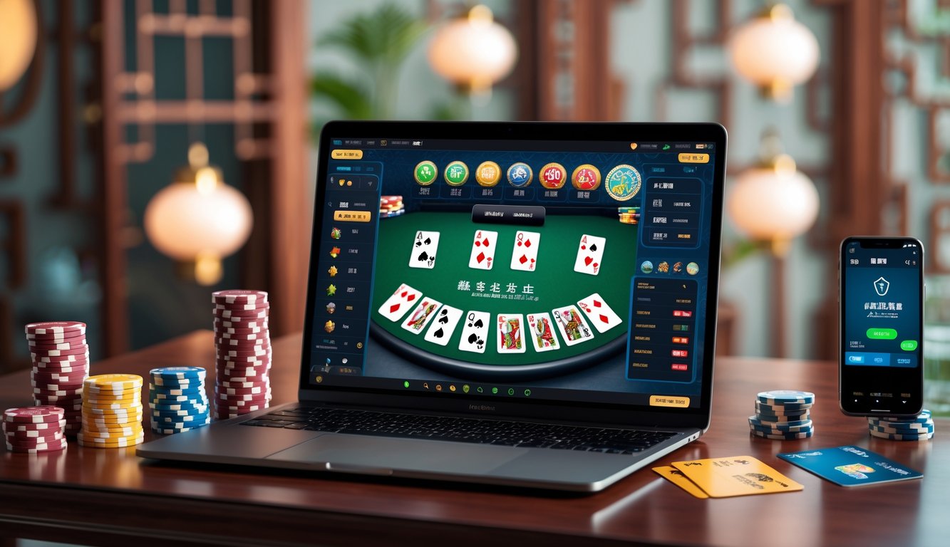 Seorang pria menggunakan laptop dengan permainan kartu Chinese Poker di layar, di atas meja terdapat tumpukan chip dan smartphone dengan aplikasi perbankan.