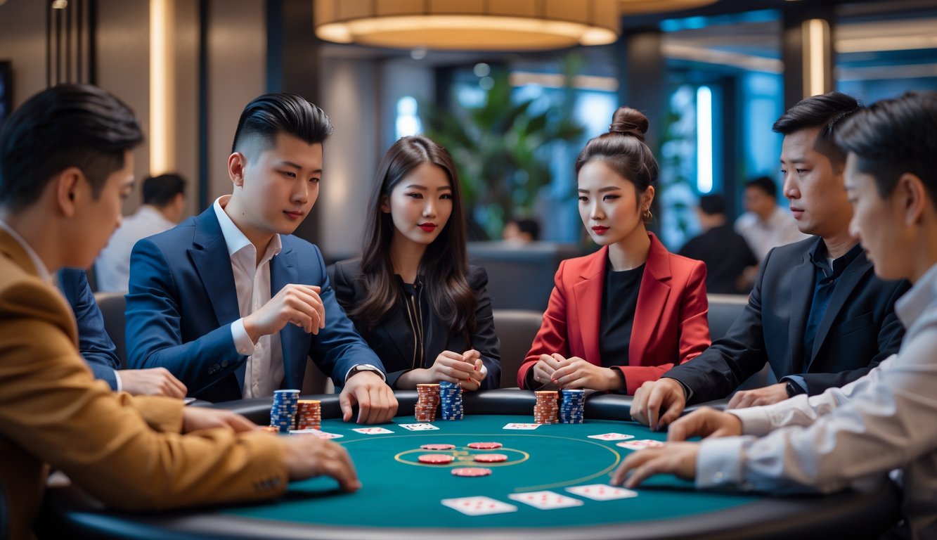 Beberapa orang bermain poker Cina di meja permainan dengan kartu dan chip, terlihat serius dan fokus.