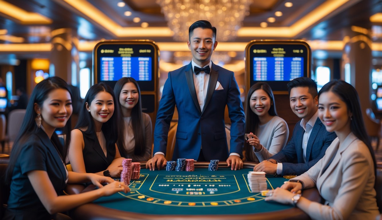 Seorang dealer blackjack profesional dengan beberapa pemain yang duduk di meja blackjack di dalam kasino modern.