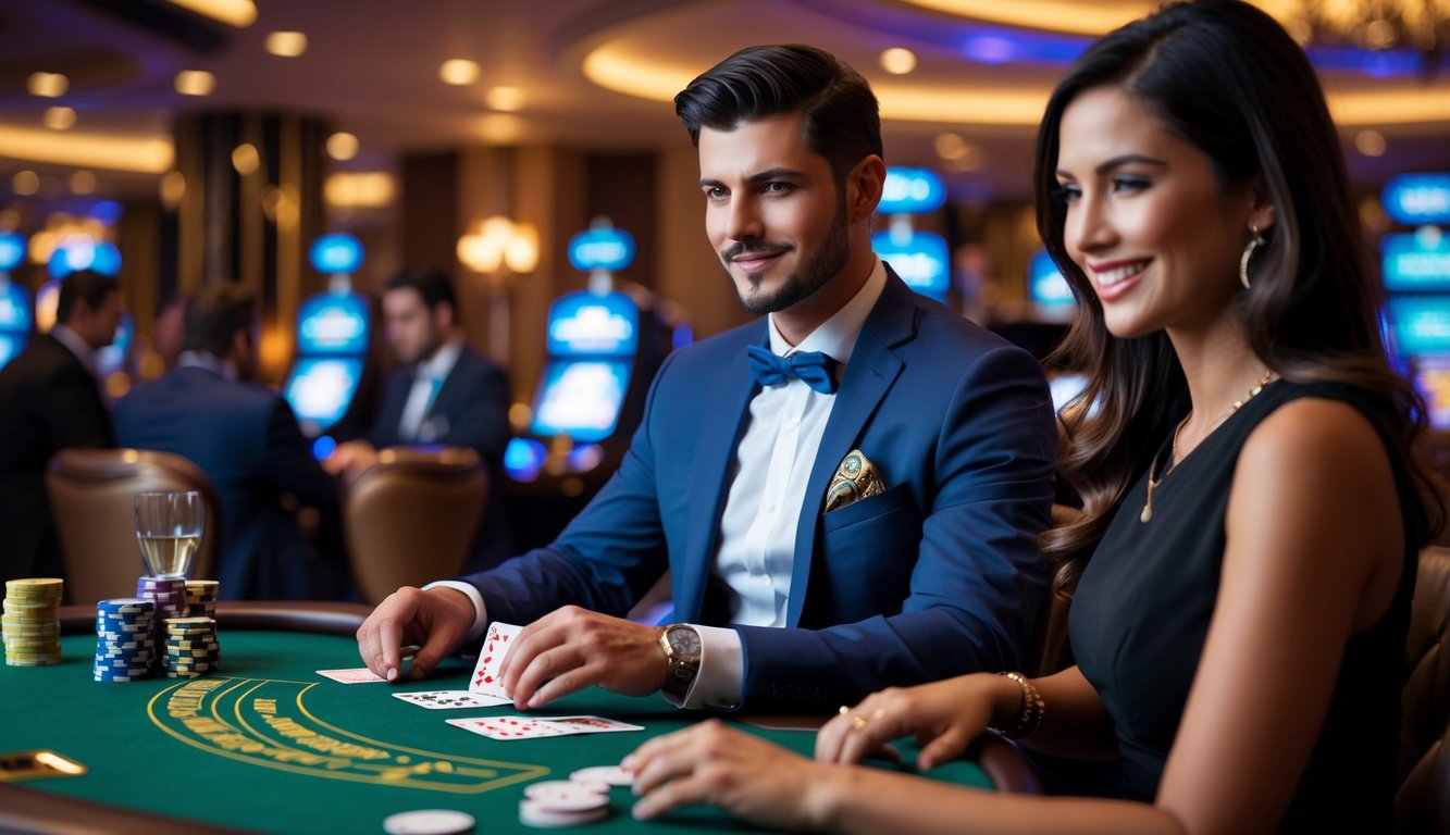 Seorang pria duduk di meja blackjack live dealer di kasino mewah, fokus memegang kartu dan berjudi dengan dealer profesional di seberangnya.