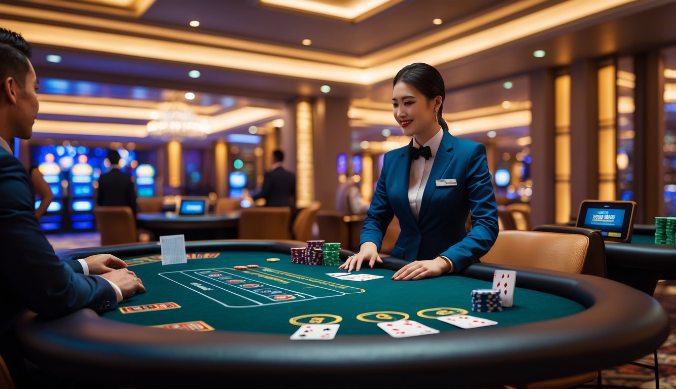 Seorang dealer blackjack profesional melayani pemain di meja blackjack di kasino dengan dekorasi mewah dan pencahayaan hangat.