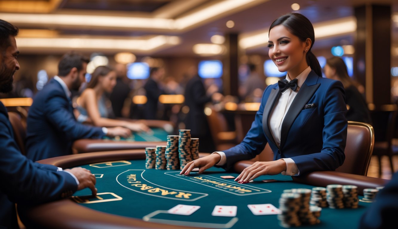 Seorang dealer blackjack profesional sedang melayani pemain di meja blackjack dengan suasana kasino yang aman dan terpercaya.