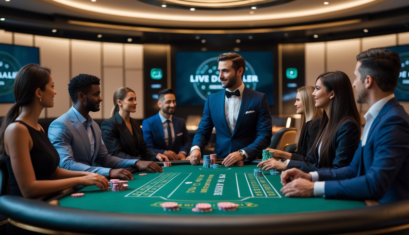 Seorang dealer blackjack profesional dan pemain yang fokus duduk di meja blackjack dalam suasana kasino modern.