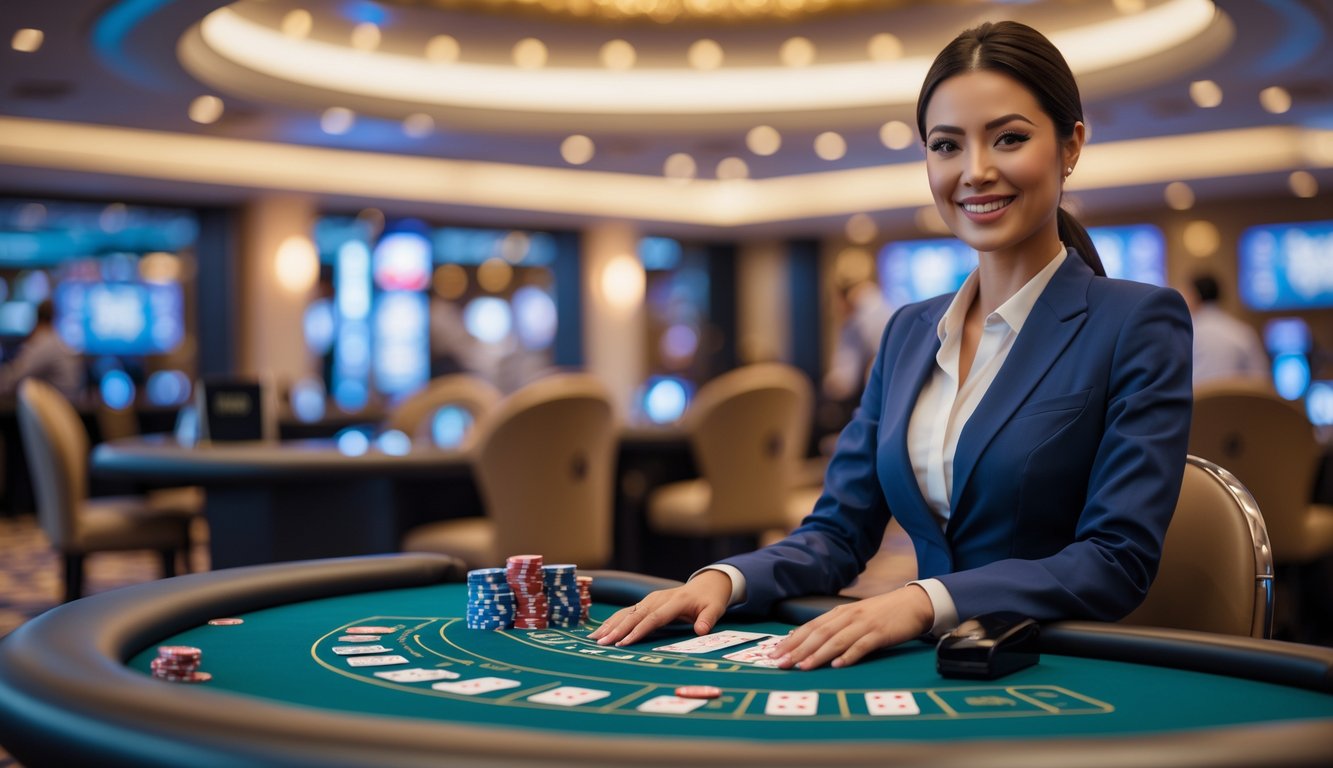 Seorang dealer blackjack wanita tersenyum di meja kasino dengan kartu dan chip, di dalam ruangan kasino mewah dengan pencahayaan lembut.