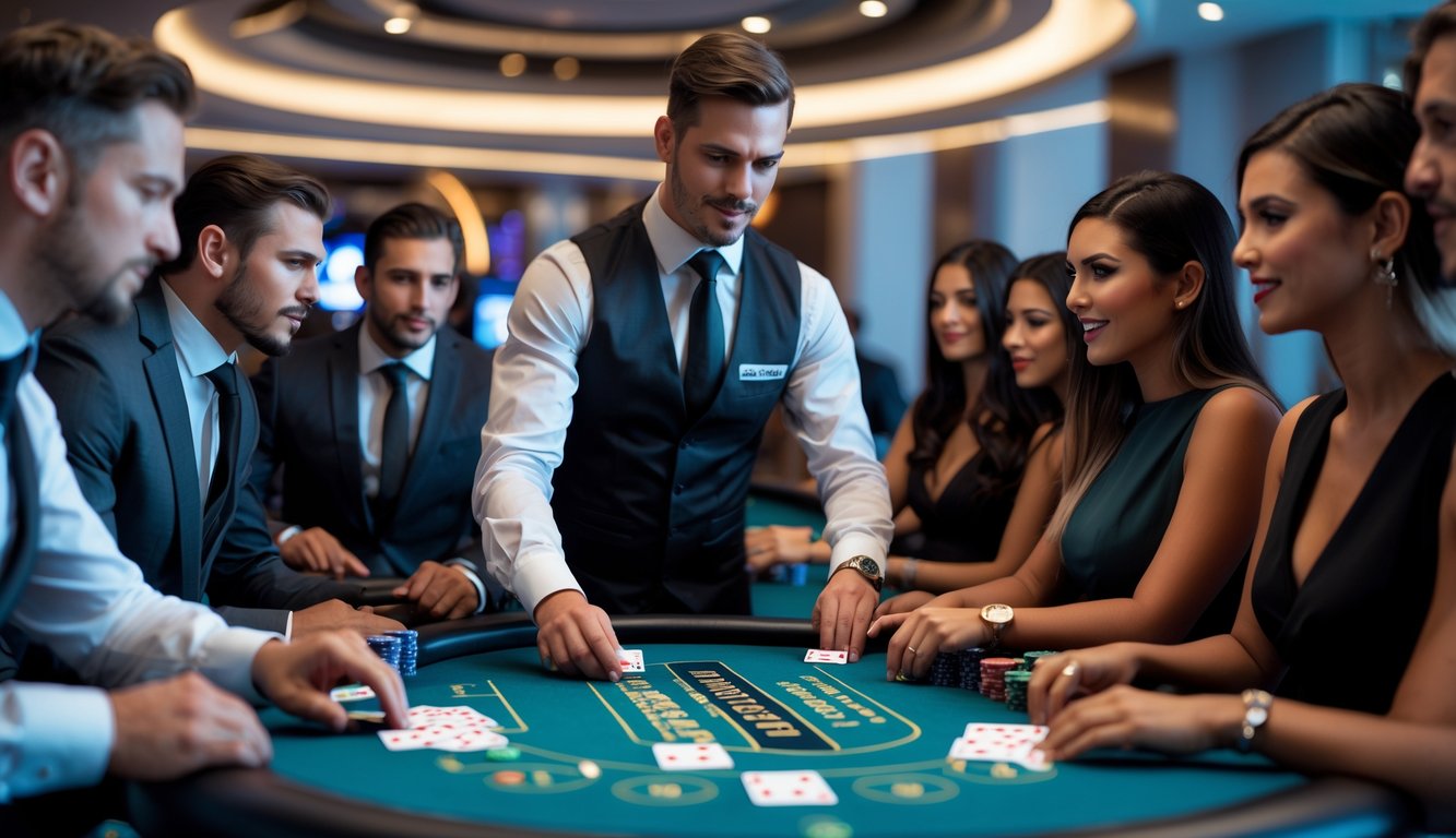 Seorang dealer live blackjack profesional sedang membagikan kartu kepada beberapa pemain yang fokus di meja kasino modern.