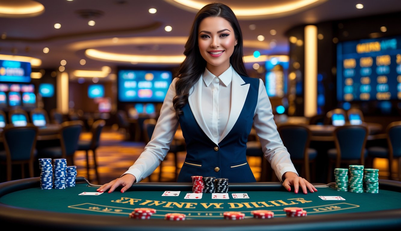 Seorang dealer perempuan profesional berdiri di belakang meja blackjack dengan kartu dan chip di kasino modern.