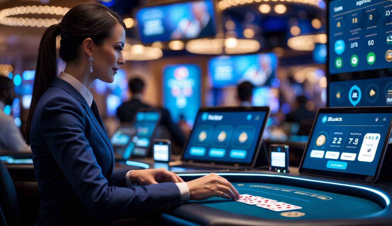 Seorang dealer blackjack profesional sedang membagikan kartu di meja digital dengan layar yang menampilkan statistik permainan dan ikon keamanan, di lingkungan kasino modern.