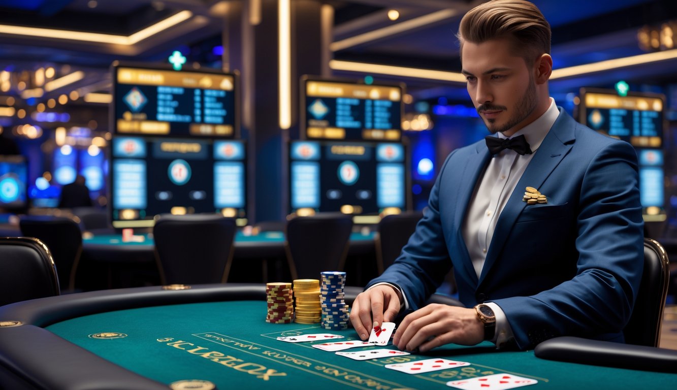 Seorang dealer blackjack profesional sedang membagikan kartu di meja blackjack dengan tumpukan chip dan layar digital di latar belakang.