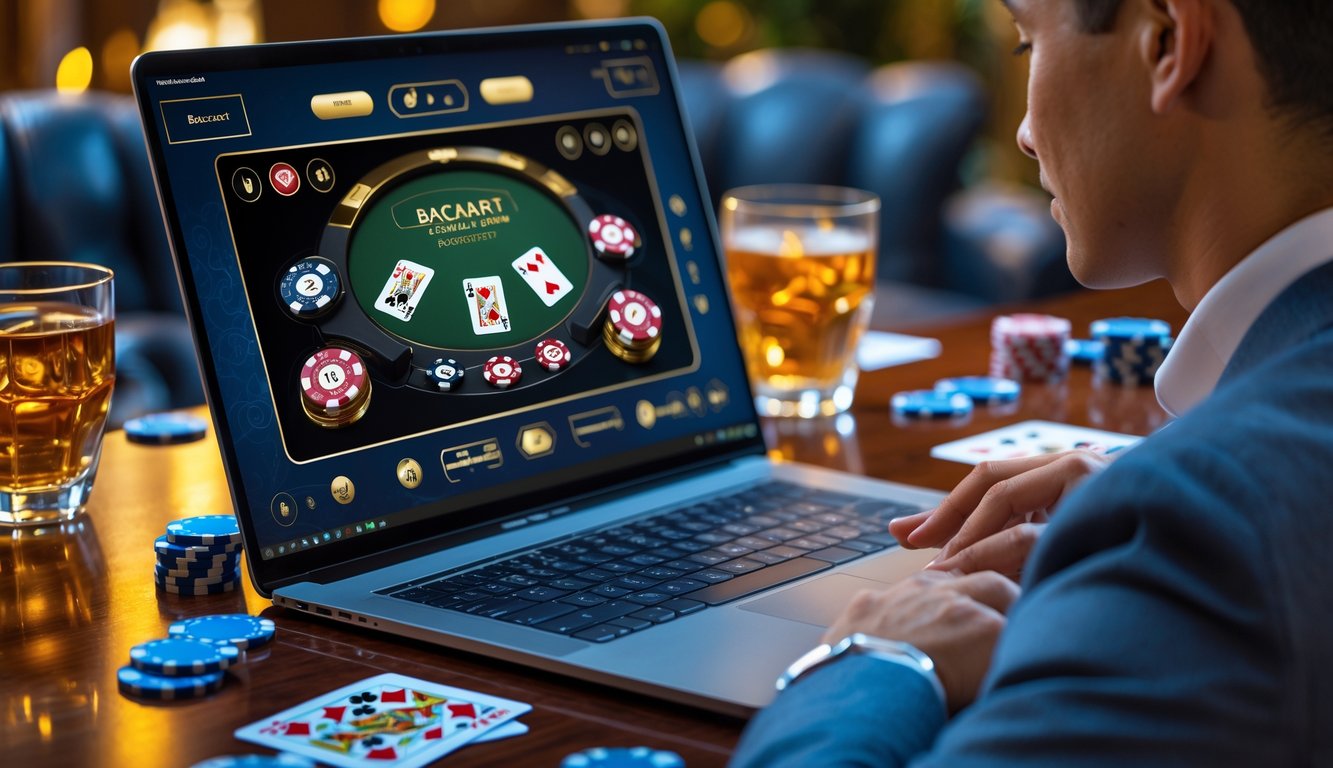 Seorang pemuda sedang bermain permainan baccarat online di depan laptop dengan chip dan kartu di meja kayu, suasana hangat dan fokus.