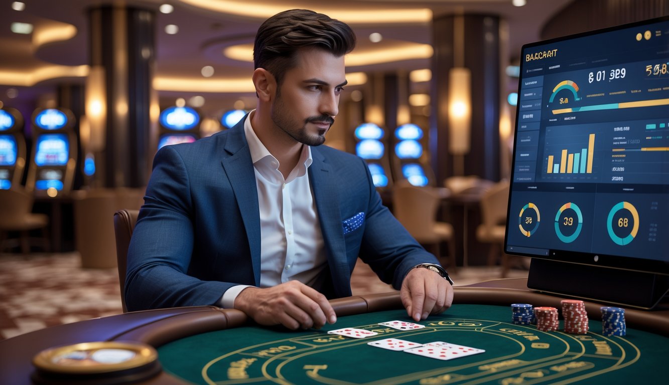 Seorang pria duduk di meja permainan baccarat dengan kartu dan chip, fokus menganalisis strategi di lingkungan kasino yang mewah.