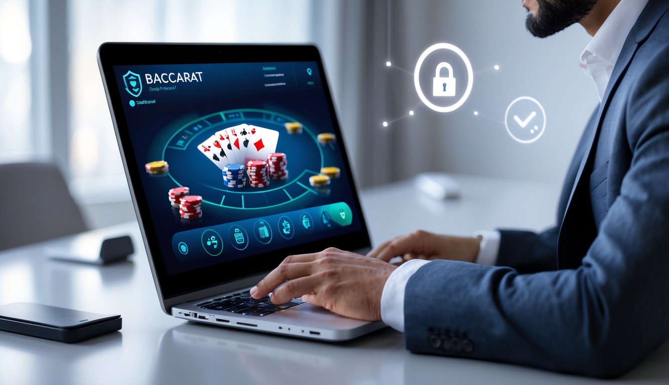 Seorang individu menggunakan laptop dengan permainan baccarat online yang aman dan legal di layar, duduk di ruang kerja modern.