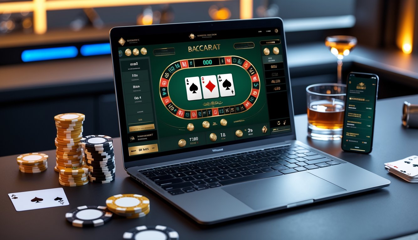 Sebuah laptop dengan permainan baccarat online di layar, dikelilingi oleh chip kasino dan kartu remi di atas meja kerja yang rapi.