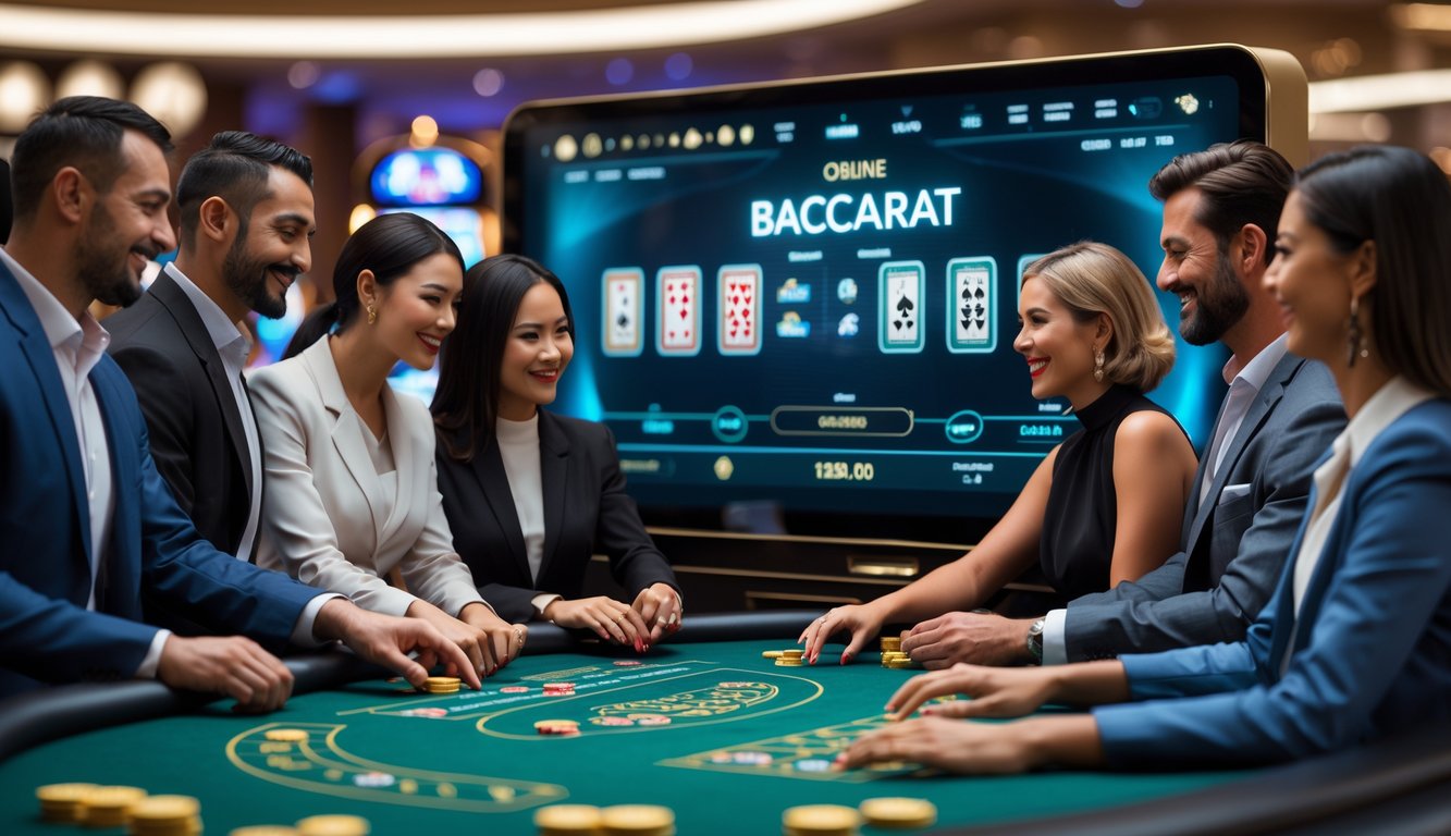 Beberapa orang dewasa berpakaian rapi sedang bermain baccarat online di sebuah meja digital dalam suasana kasino yang elegan.