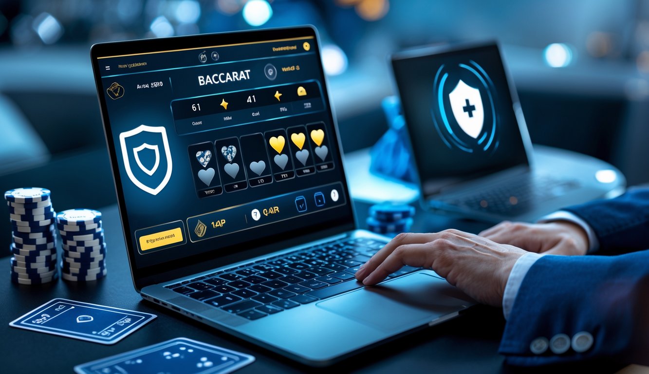 Seorang pengguna laptop sedang bermain baccarat online dengan tumpukan chip dan kartu di meja, menunjukkan suasana taruhan yang aman dan terpercaya.