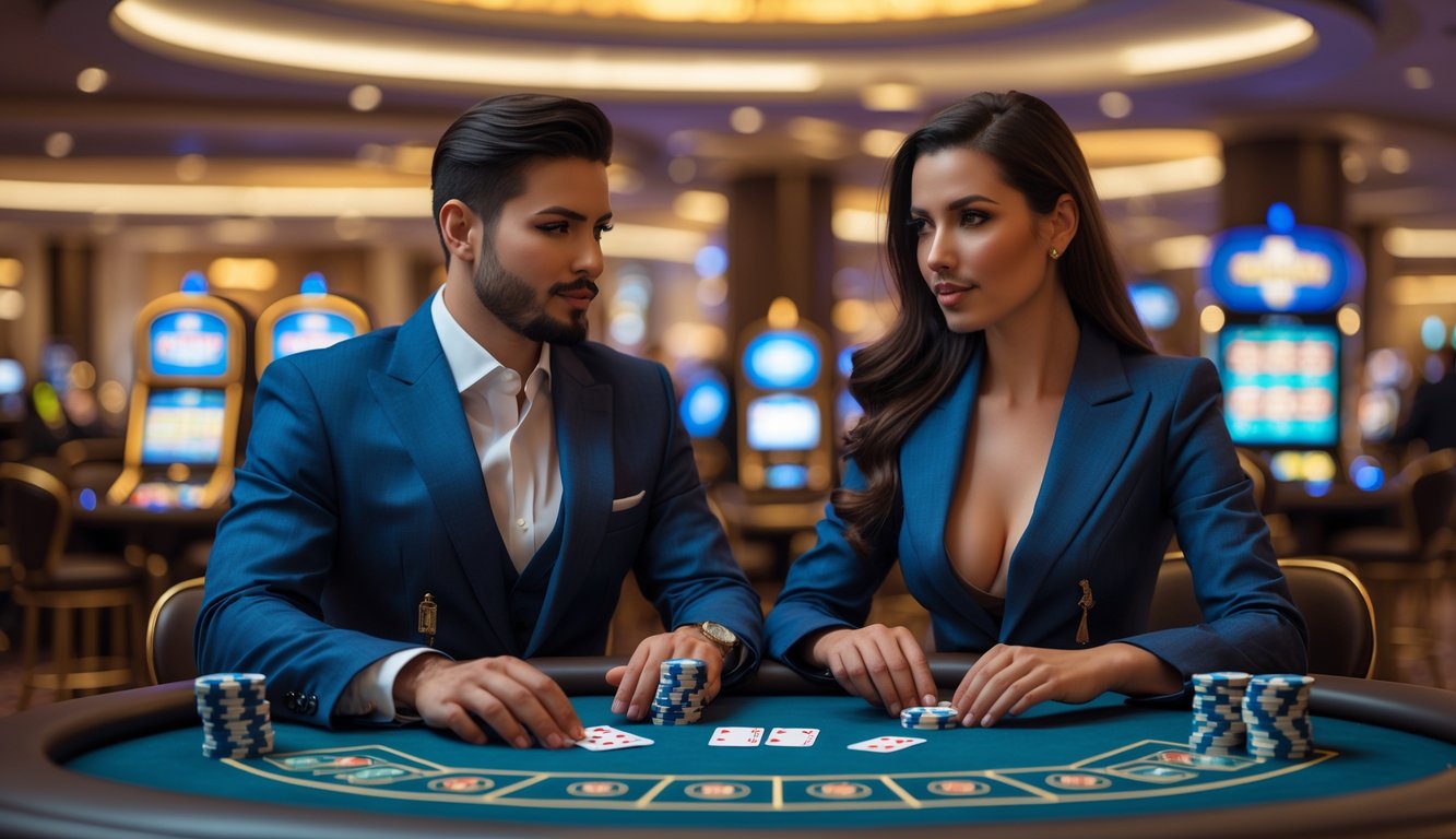 Seorang pria dan wanita berpakaian rapi duduk di meja permainan baccarat di kasino mewah, tampak serius dan fokus berdiskusi.