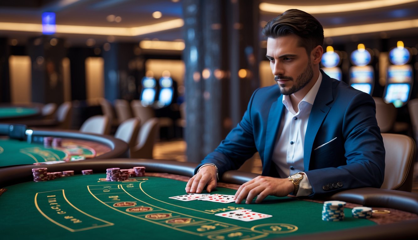 Seorang pemain profesional sedang duduk di meja baccarat dengan kartu dan chip di depan, di dalam sebuah kasino mewah.