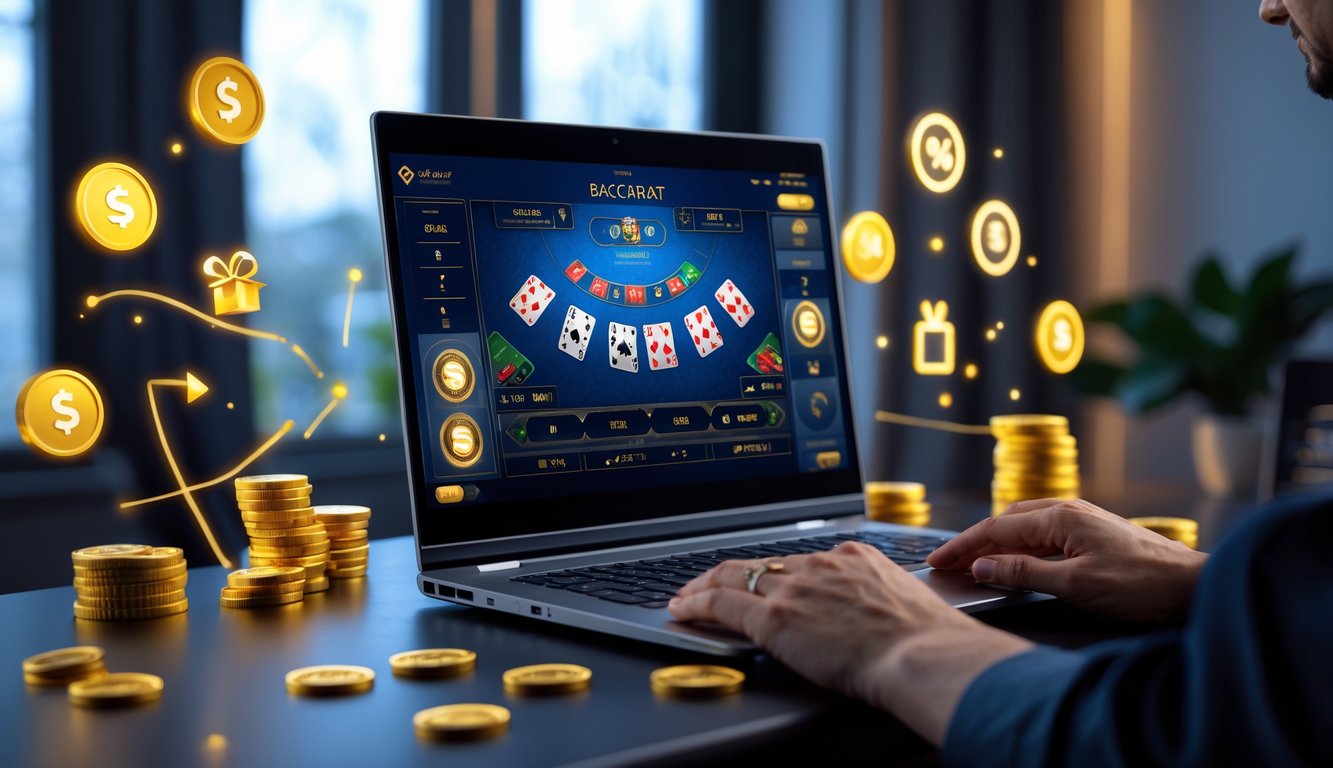 Seseorang menggunakan komputer dengan tampilan permainan baccarat online dan elemen digital yang menggambarkan bonus dan promosi.