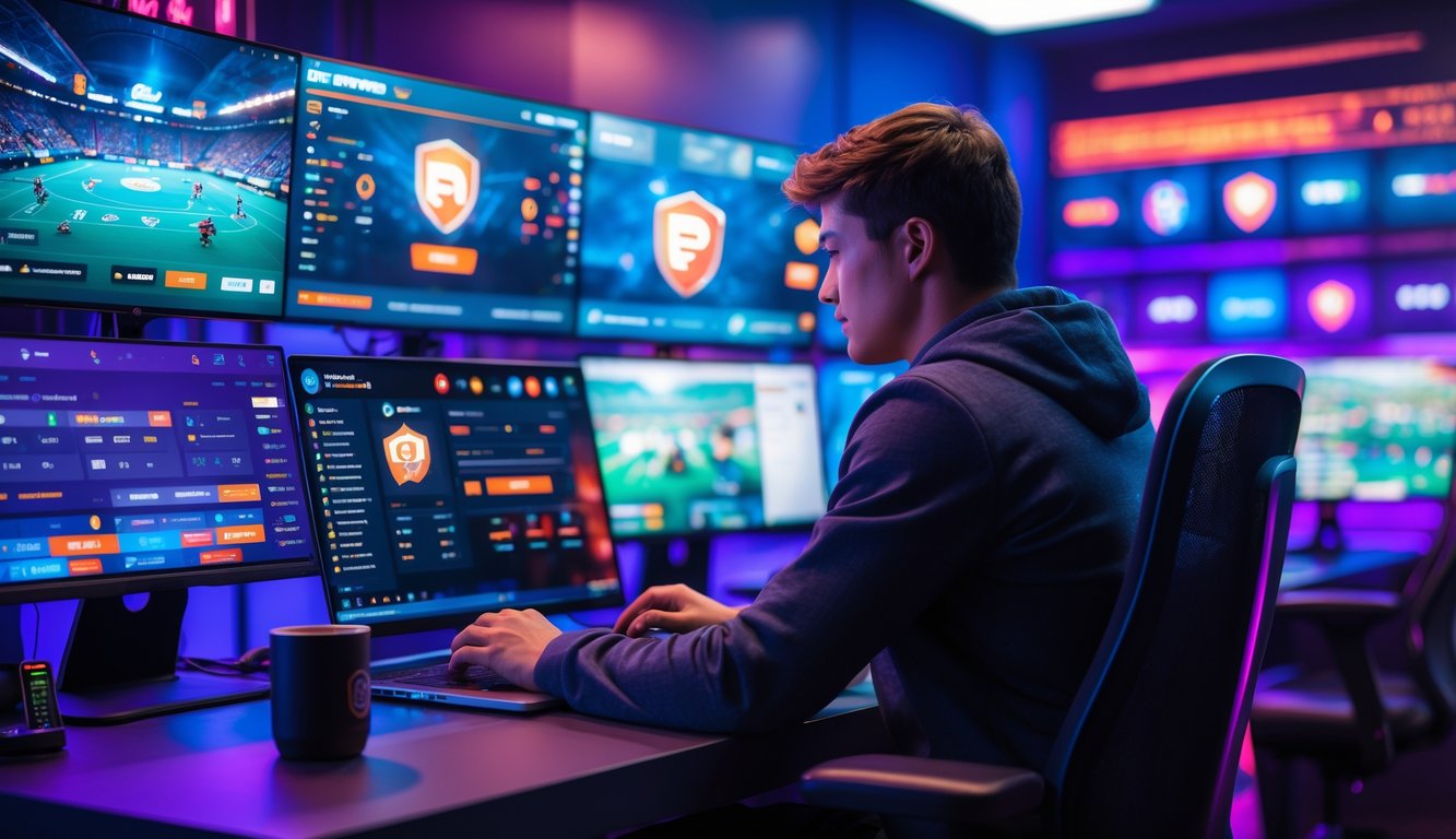 Seorang dewasa muda duduk di meja dengan beberapa monitor yang menampilkan pertandingan esports dan data taruhan dalam ruangan berlampu biru dan ungu.