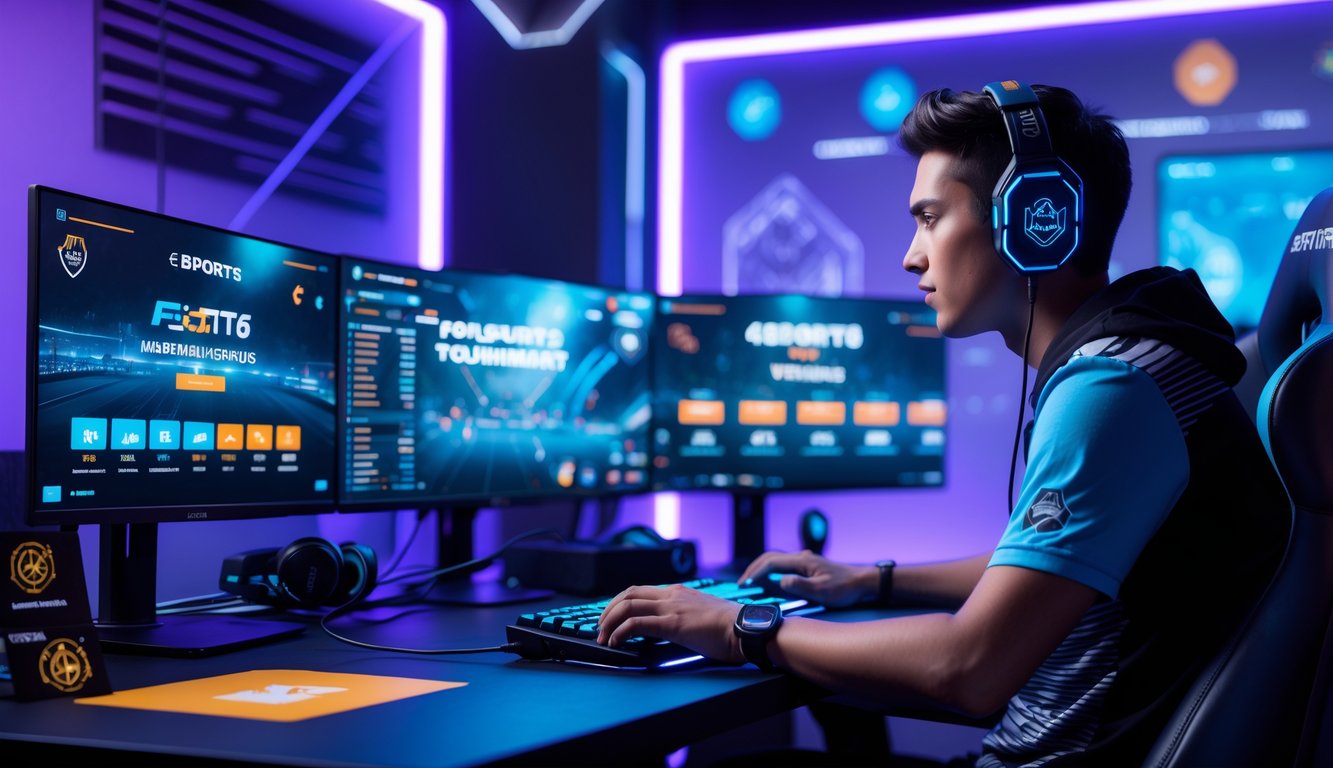 Seorang pemain esports muda fokus di depan layar komputer dengan setup gaming modern dan lampu LED biru ungu di ruangan yang rapi dan futuristik.