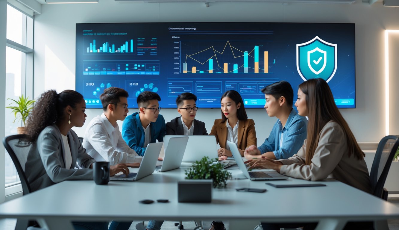 Sekelompok orang muda sedang berdiskusi serius di kantor modern dengan layar digital menampilkan grafik esports.