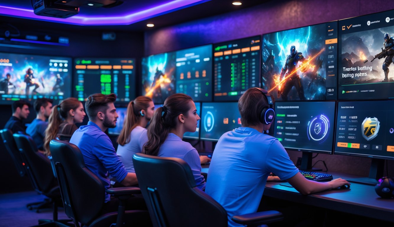 Sekelompok orang muda sedang fokus bermain dan memasang taruhan pada permainan esports populer di ruangan gaming yang modern dan terang.