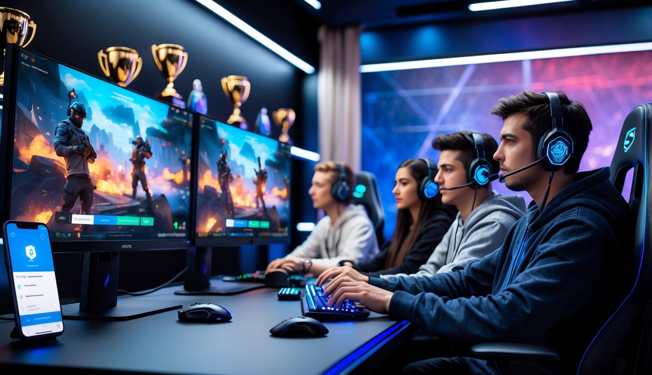 Sekelompok orang muda sedang bermain esports di ruang modern dengan peralatan gaming dan layar besar, menunjukkan aktivitas taruhan dan keamanan akun.