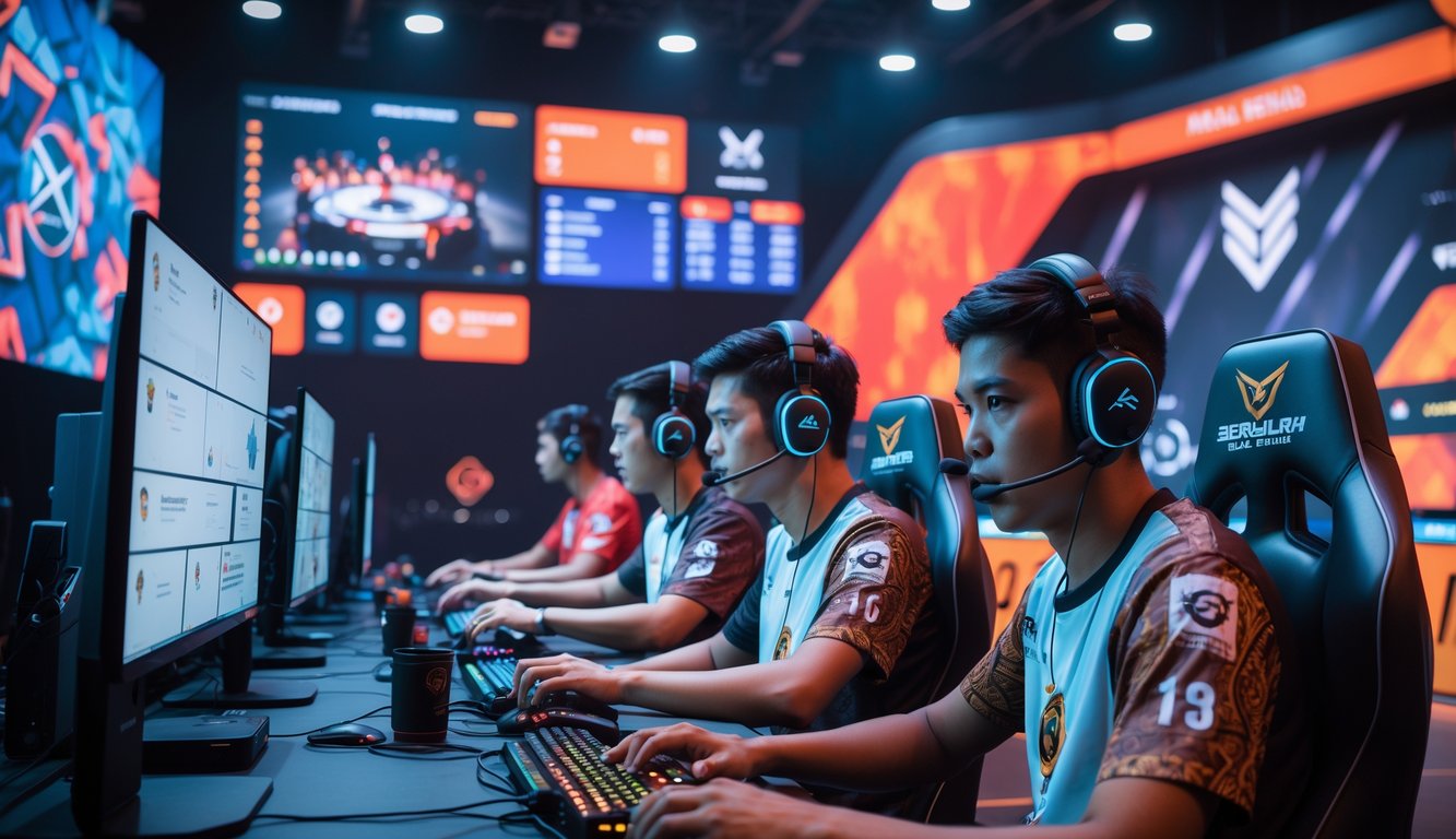 Sekelompok orang muda bermain esports dengan serius di arena kompetisi yang modern dan terang, dengan elemen budaya Indonesia di latar belakang.