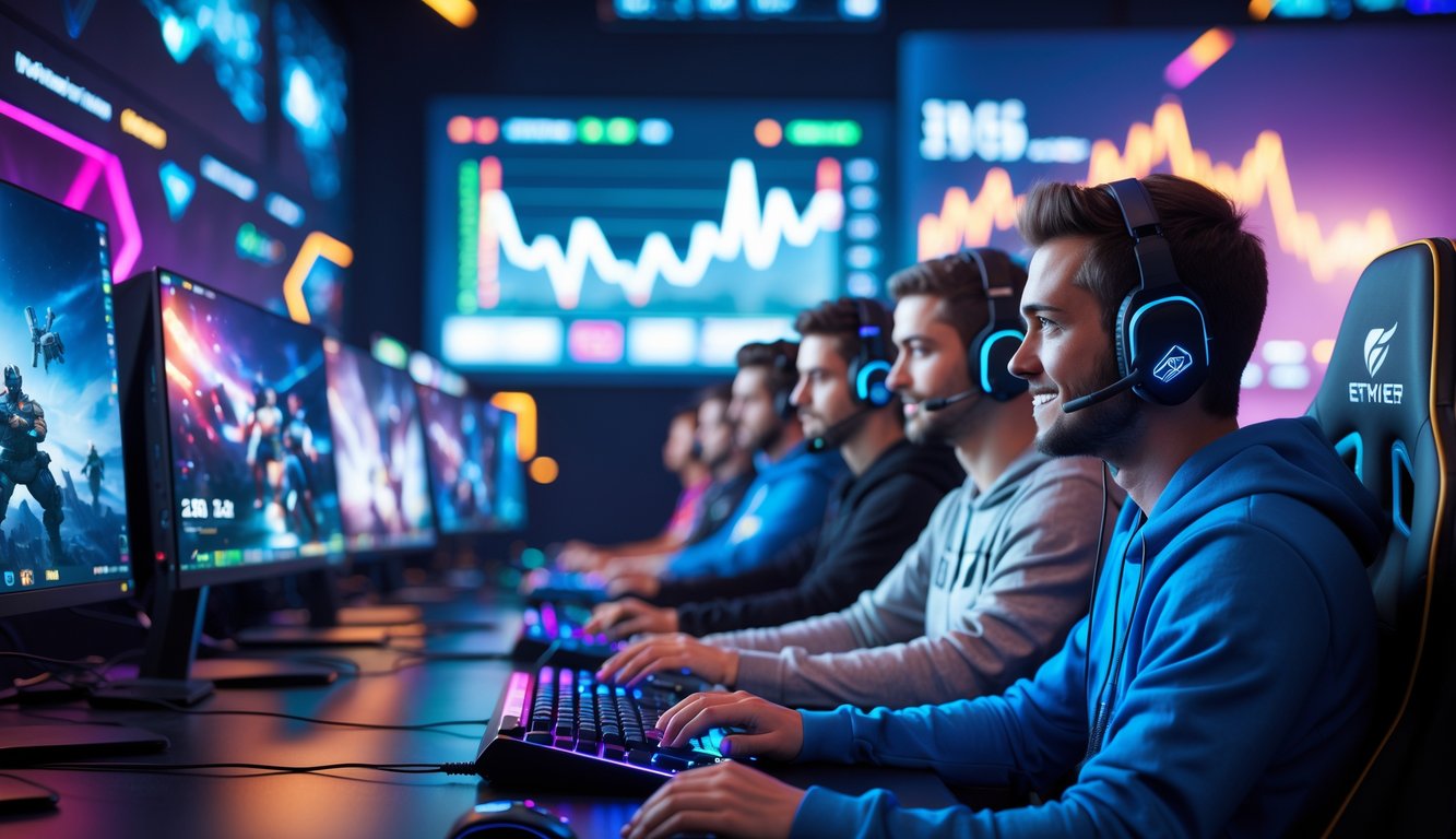 Sejumlah pemain esports sedang bermain di depan komputer dengan pencahayaan warna-warni dan seorang petugas layanan pelanggan tersenyum mengenakan headset.