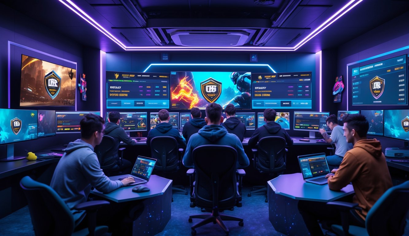 Sekelompok orang muda sedang menggunakan komputer dan ponsel di ruangan gaming dengan layar besar menampilkan grafik permainan esports dan informasi taruhan.