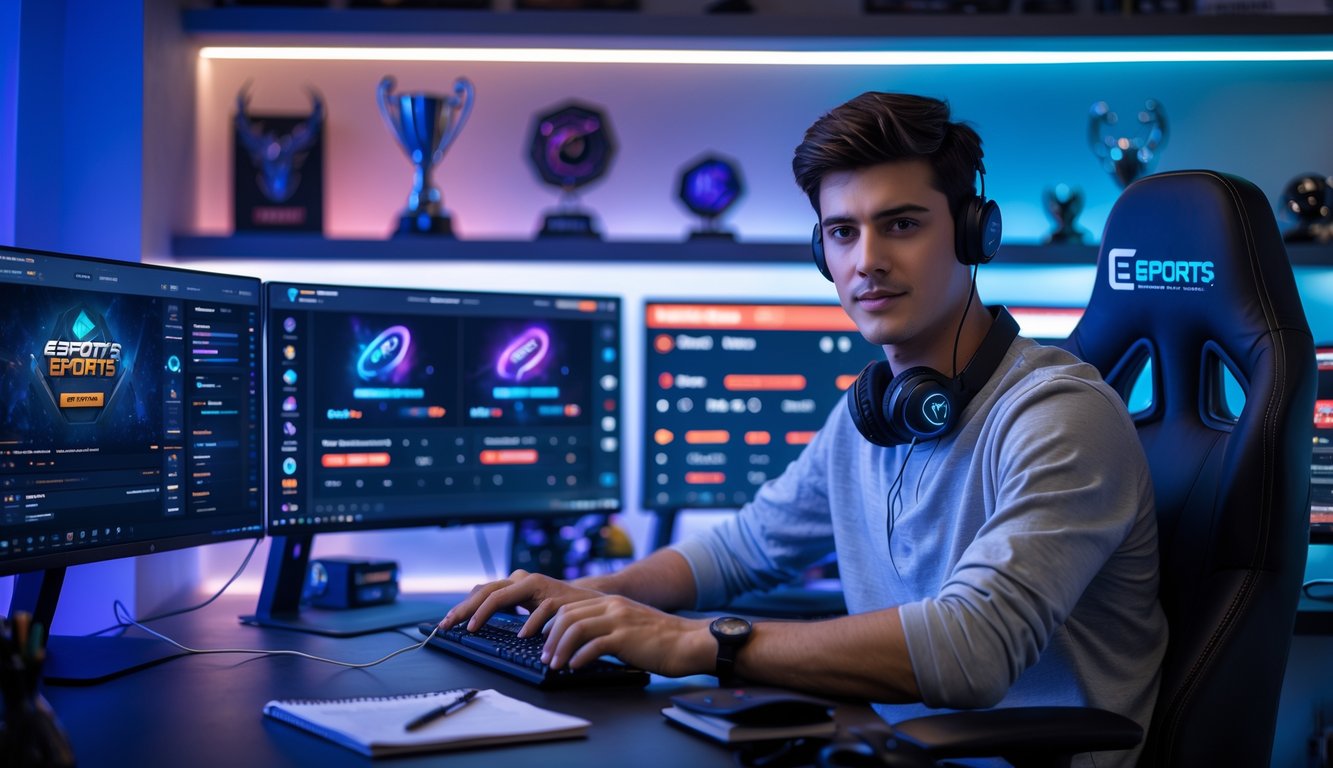 Seorang pria muda duduk di depan beberapa monitor komputer dengan tampilan permainan esports dan statistik taruhan, di ruang kerja modern yang terang dengan pencahayaan biru dan ungu.