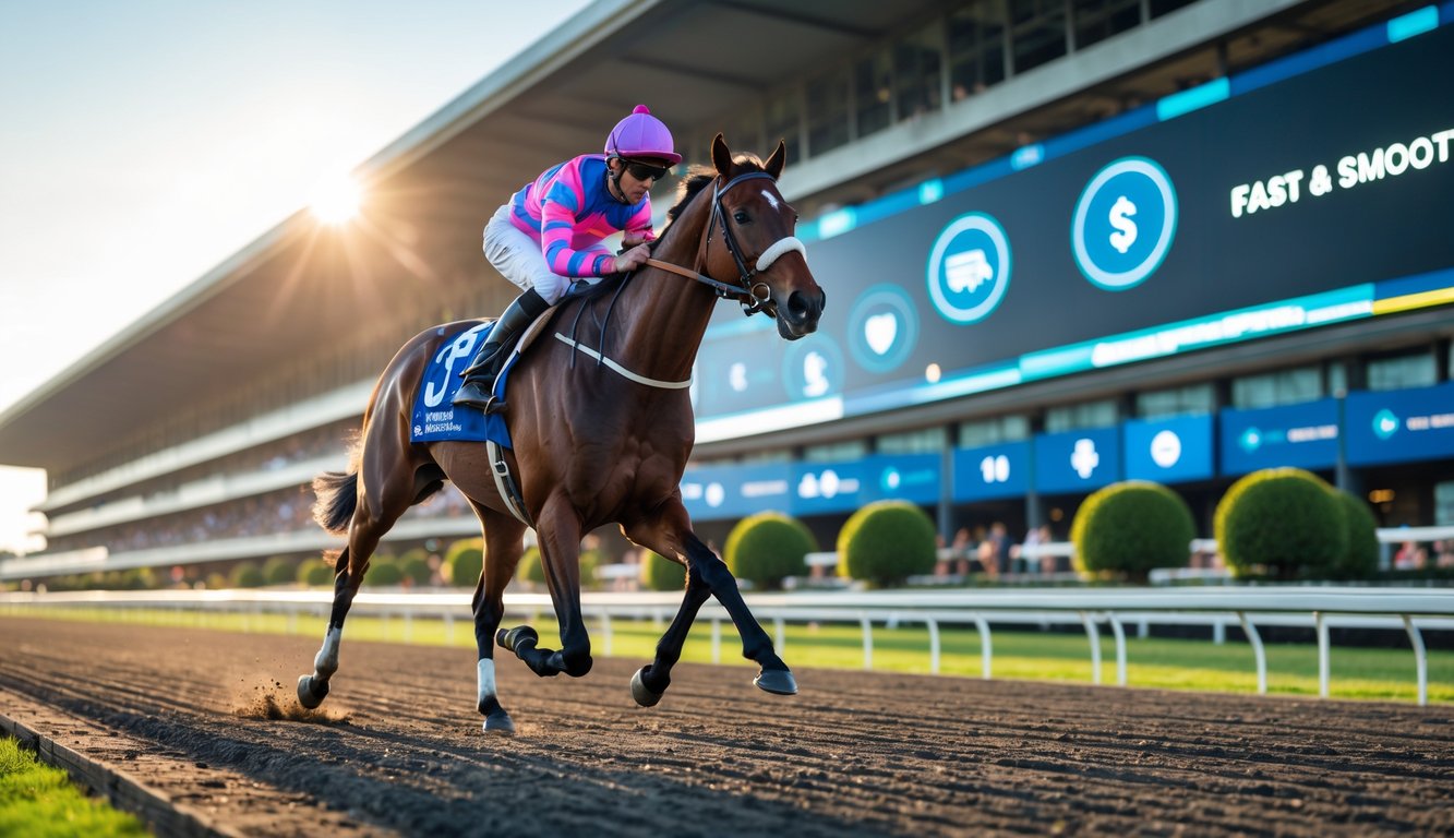 Seekor kuda pacuan berlari cepat di lintasan dengan joki mengenakan pakaian balap berwarna cerah, latar belakang menunjukkan papan skor digital dan kerumunan penonton.