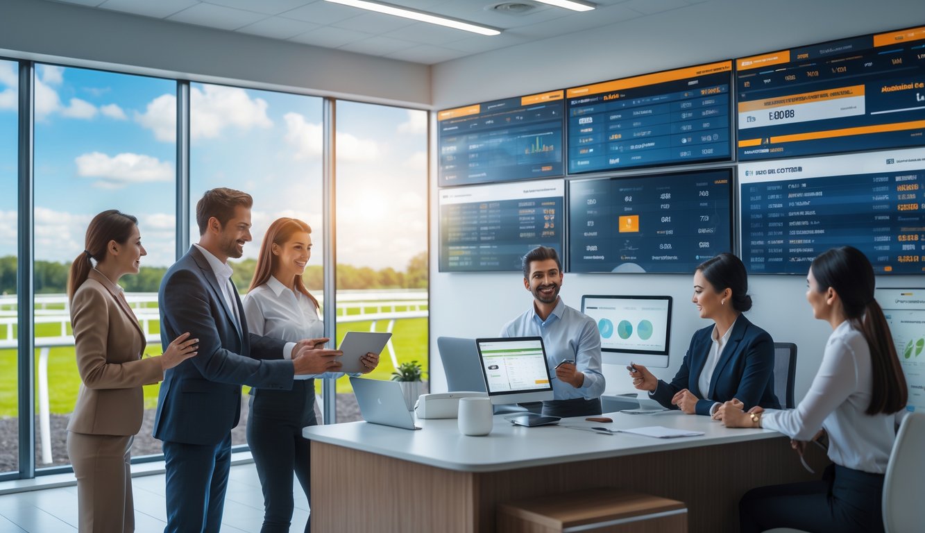 Suasana kantor agen judi balap kuda yang modern dengan staf membantu pelanggan pemula, layar menampilkan statistik dan balapan kuda, dengan pemandangan lintasan balap di luar jendela.