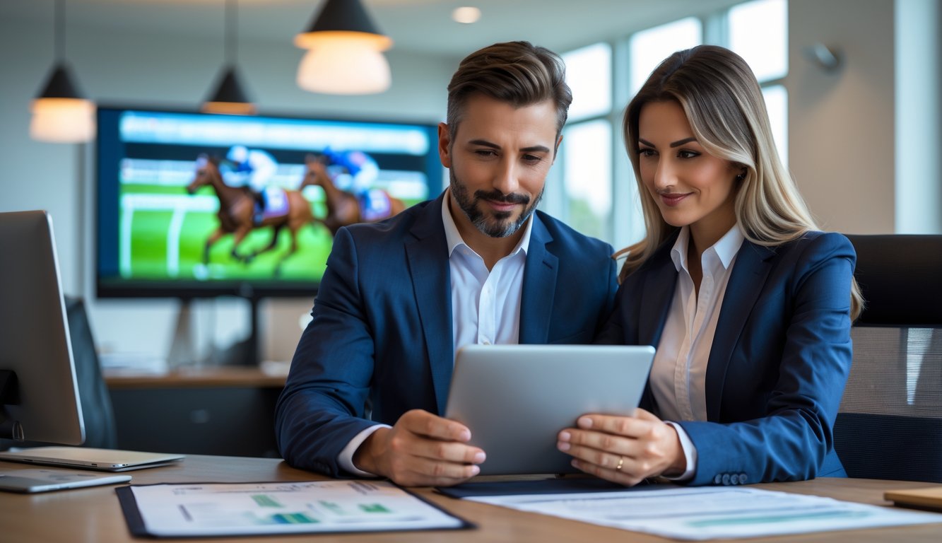 Seorang pria dan wanita sedang melihat informasi balap kuda di tablet di dalam kantor yang terang dan modern.
