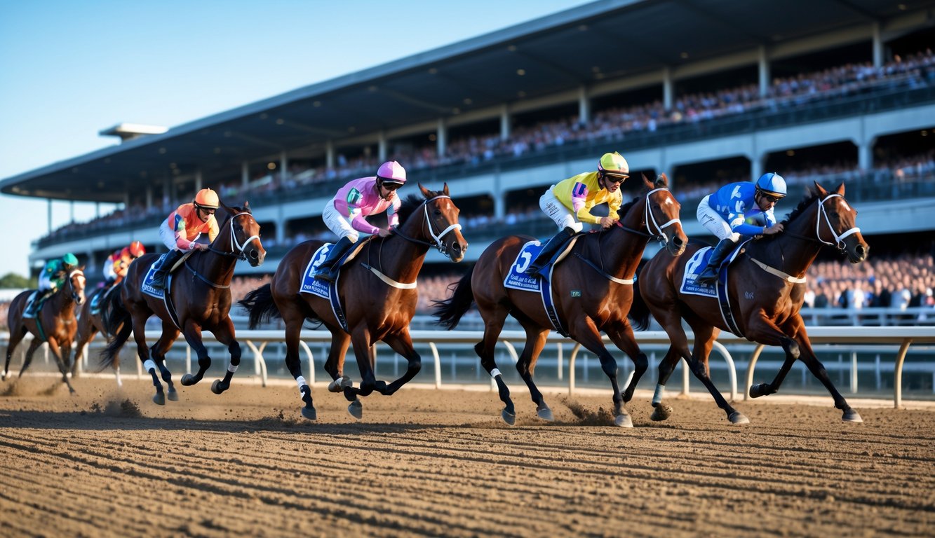 Lomba pacuan kuda dengan beberapa kuda dan joki yang sedang berlari cepat di lintasan dengan penonton di tribun.
