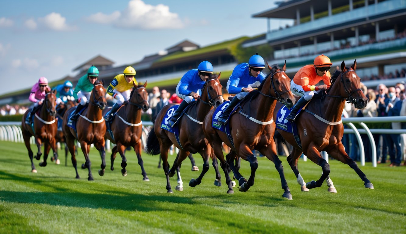 Beberapa kuda pacu sedang berlari cepat di lintasan balap dengan joki mengenakan pakaian berwarna-warni, di depan penonton yang antusias.